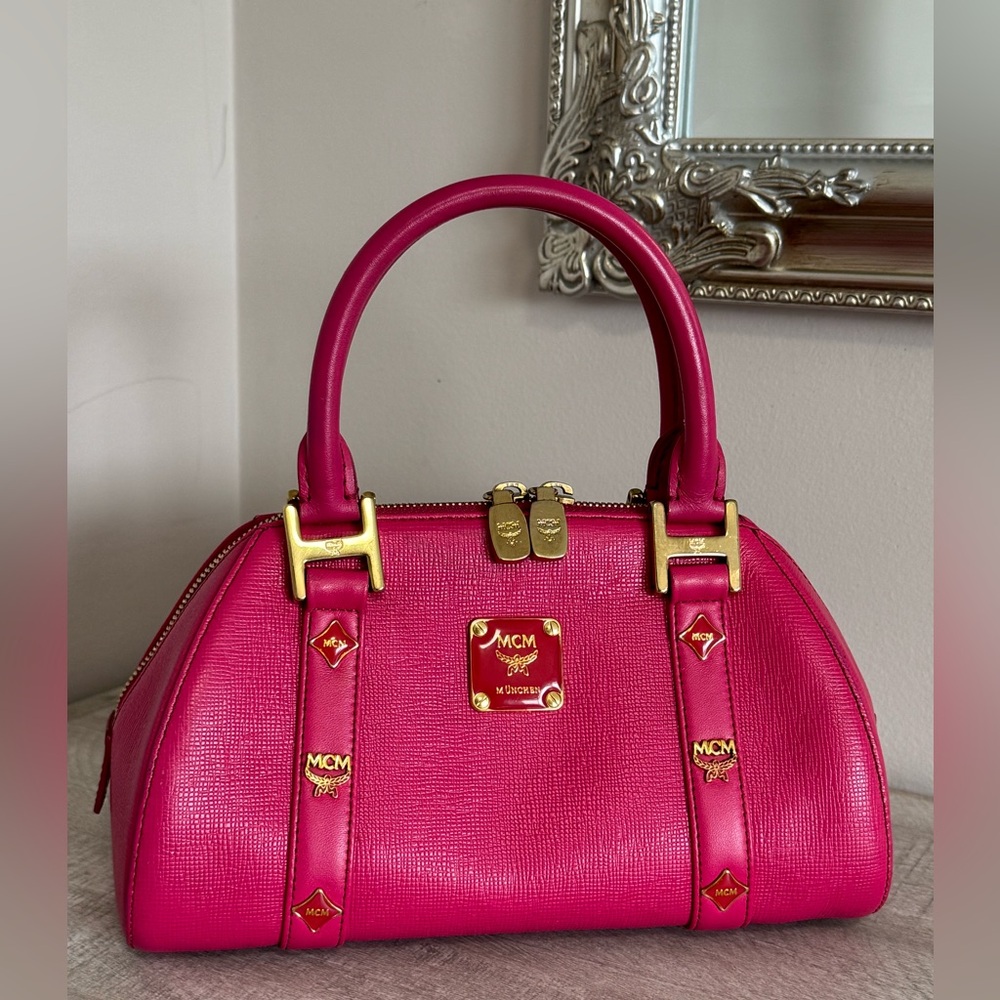 MCM Fuchsia Satchel with Gold Accents